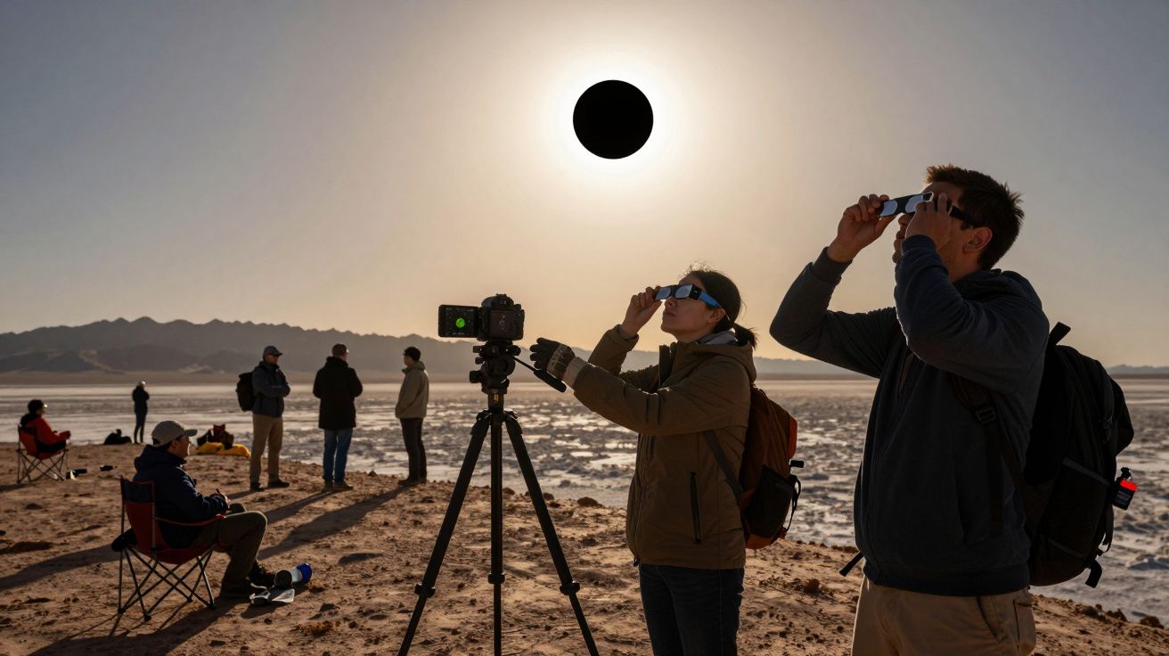 Pessoas com óculos especiais observam um eclipse solar num deserto, com tripé ao fundo.