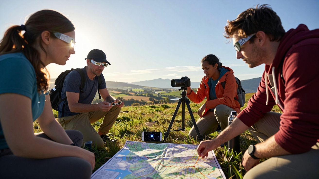Quatro pessoas analisam um mapa ao ar livre, equipadas com câmaras e acessórios, sob sol radiante.