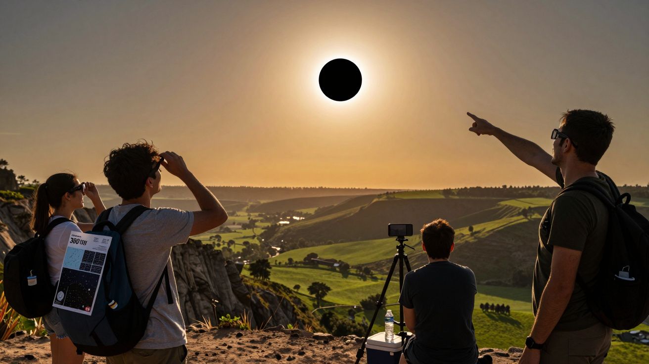 Grupo de pessoas observa eclipse solar num cenário rural ao pôr do sol.
