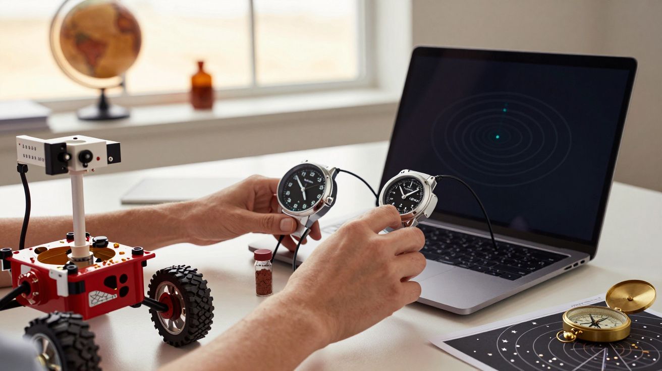 Pessoas manipulando relógios conectados a um portátil com gráficos, numa mesa com mini robô e mapa astronômico.