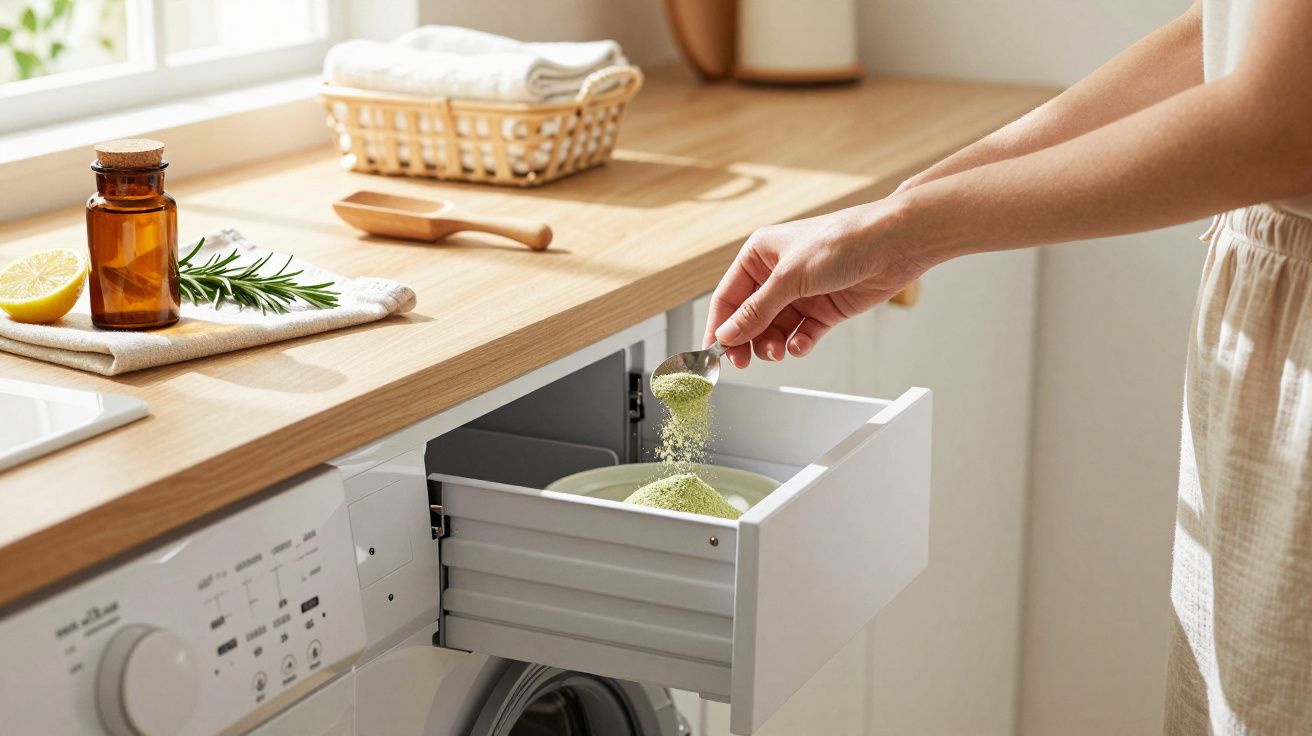 Pessoa a colocar detergente em pó na gaveta de uma máquina de lavar roupa numa cozinha bem iluminada.