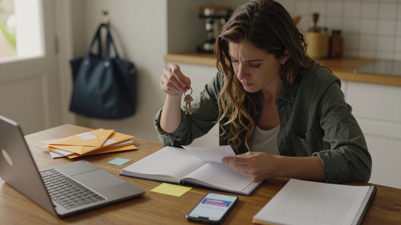 Mulher segurando chaves, olhando para documentos, com laptop e telemóvel em cima da mesa.
