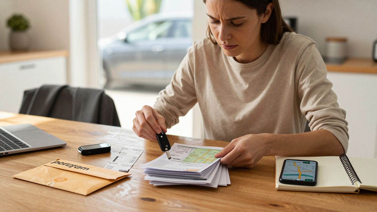 Mulher concentrada analisa documentos na mesa de madeira com laptop, telemóvel e bloco de notas ao lado.