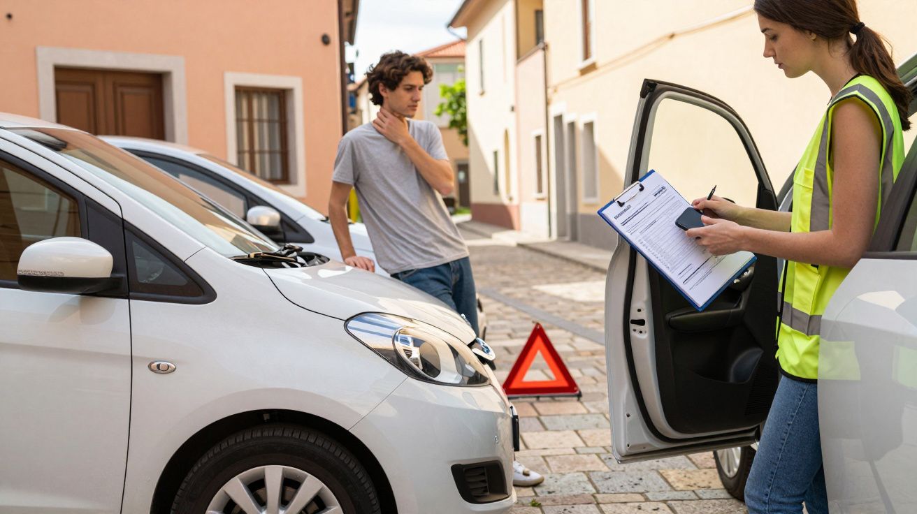 Mulher anota informações de acidente de carro, com triângulo de segurança e homem ao lado.