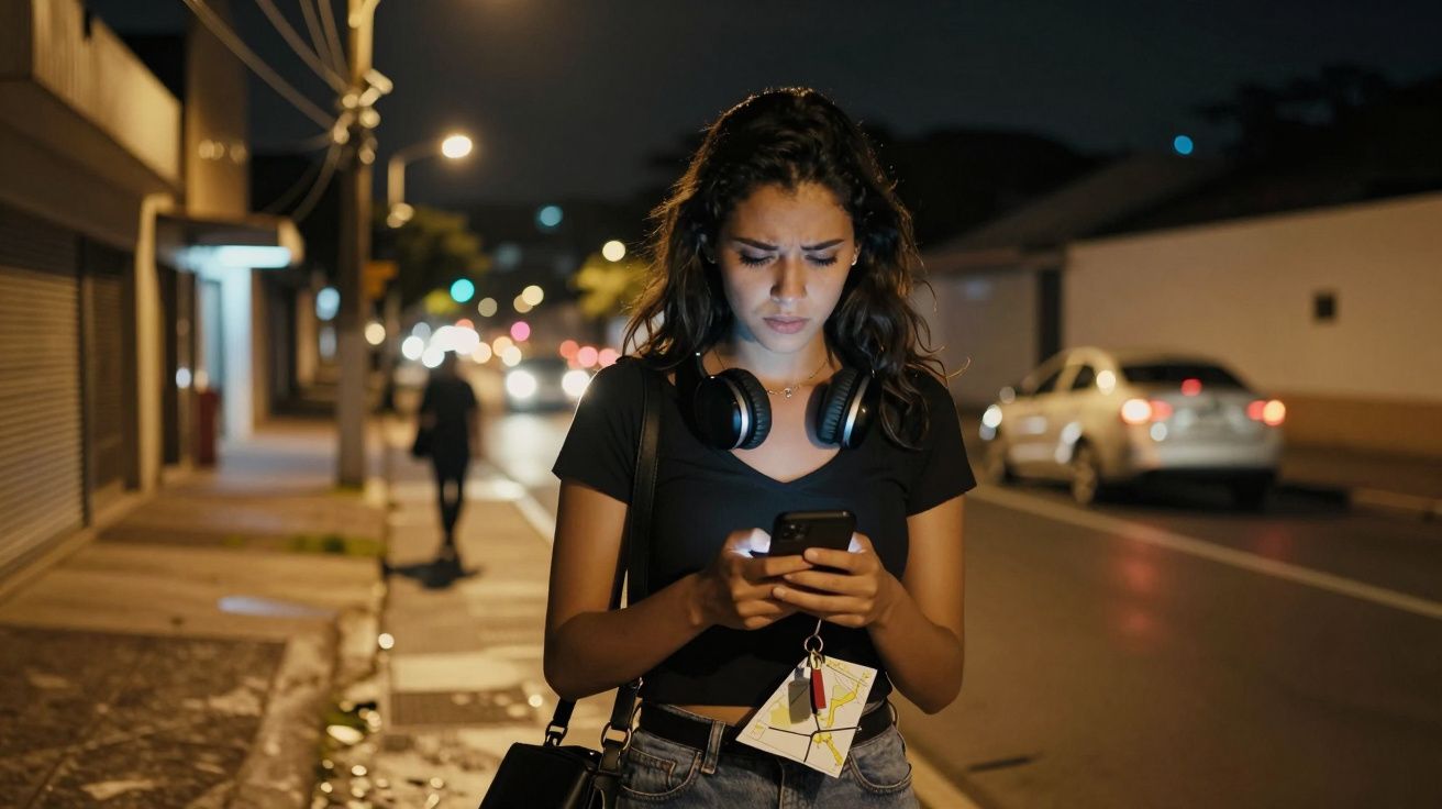 Mulher com auscultadores e expressões preocupadas olha para o telemóvel numa rua iluminada à noite.