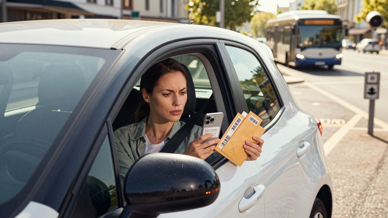 Mulher num carro segurando um telemóvel e duas cartas, num cruzamento urbano com um autocarro ao fundo.