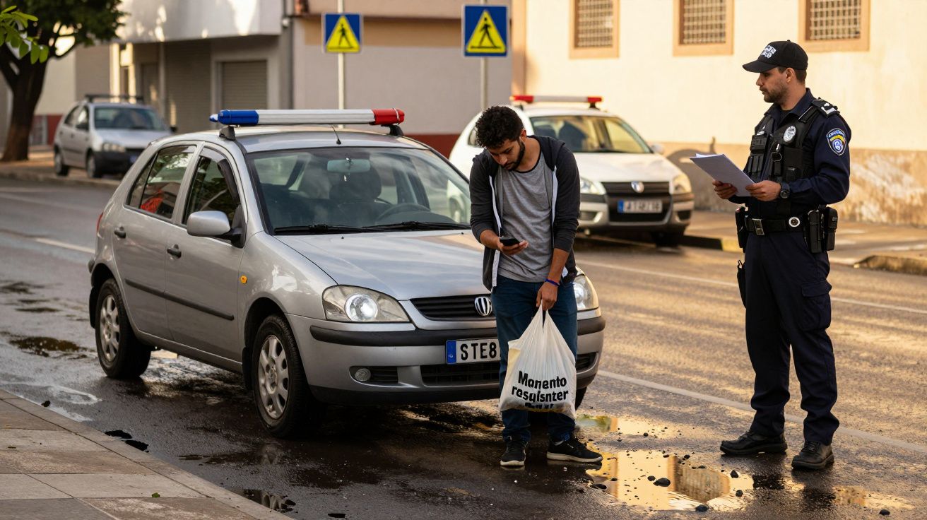 Polícia aborda homem junto a carro de patrulha estacionado em rua com poças de água.
