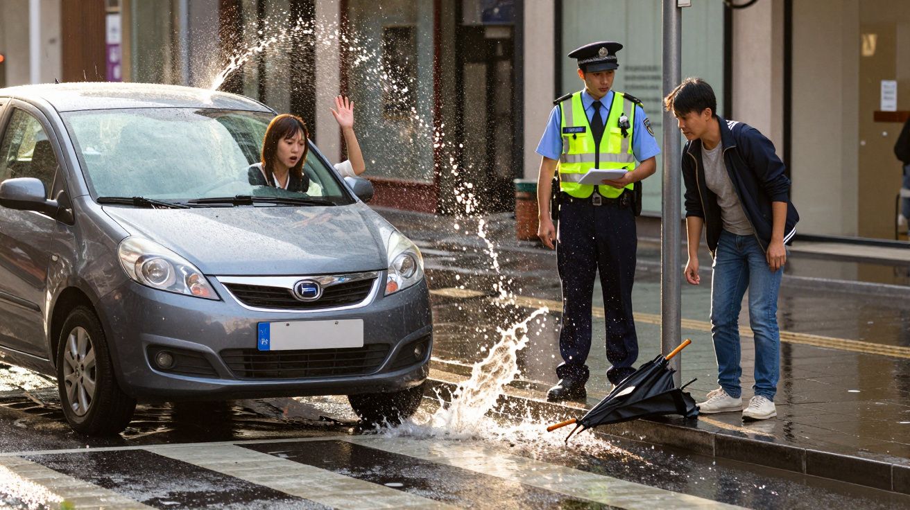 Carro salpica peões e guarda em passadeira molhada. Motorista gesticula surpresa. Guarda observa. Chão molhado, guarda-chuva.