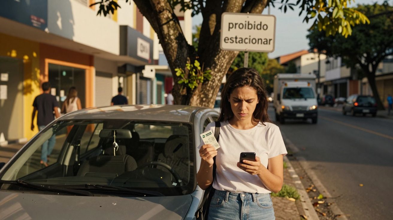 Mulher observa telemóvel ao lado de carro estacionado em frente a placa de "proibido estacionar".