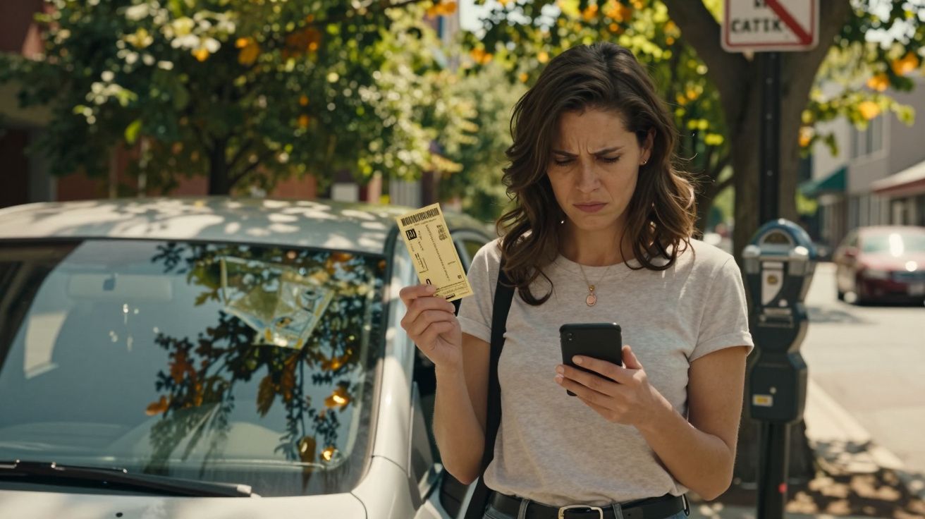 Mulher preocupada com um bilhete de estacionamento ao lado de um carro e a usar um smartphone na rua.