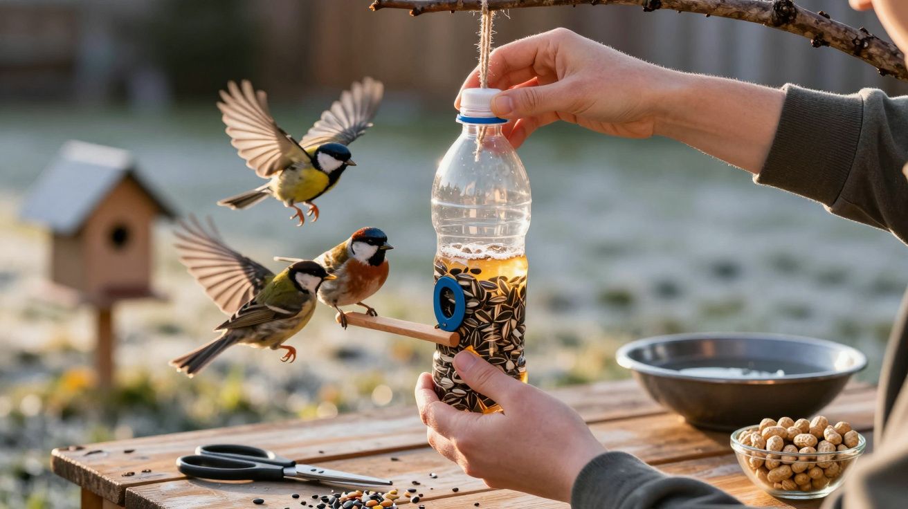 Pessoa a segurar alimentador de pássaros feito de garrafa, com três pássaros a voar ao redor.