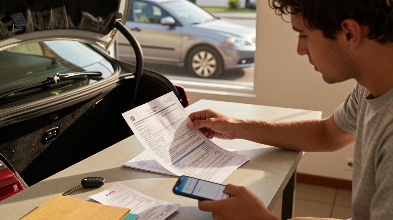 Homem sentado verifica documentos e telemóvel ao lado de um carro com a bagageira aberta.