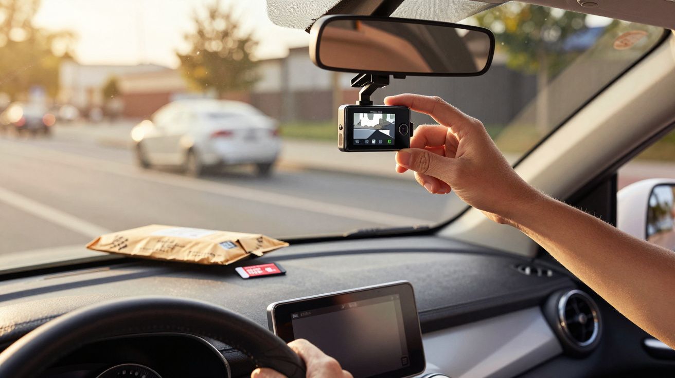 Pessoa instala câmara no suporte do espelho retrovisor dentro de carro em movimento.