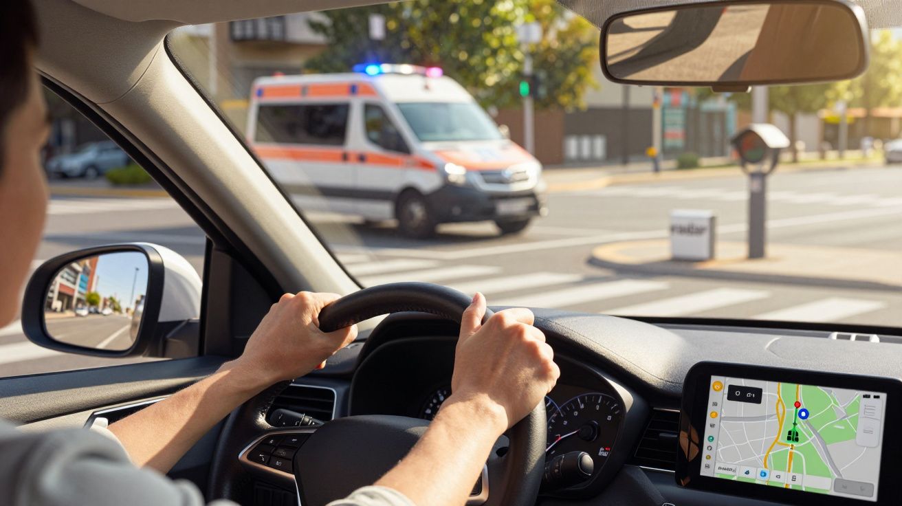 Condutor ao volante, com GPS no visor, vê ambulância com luzes ligadas a atravessar cruzamento.