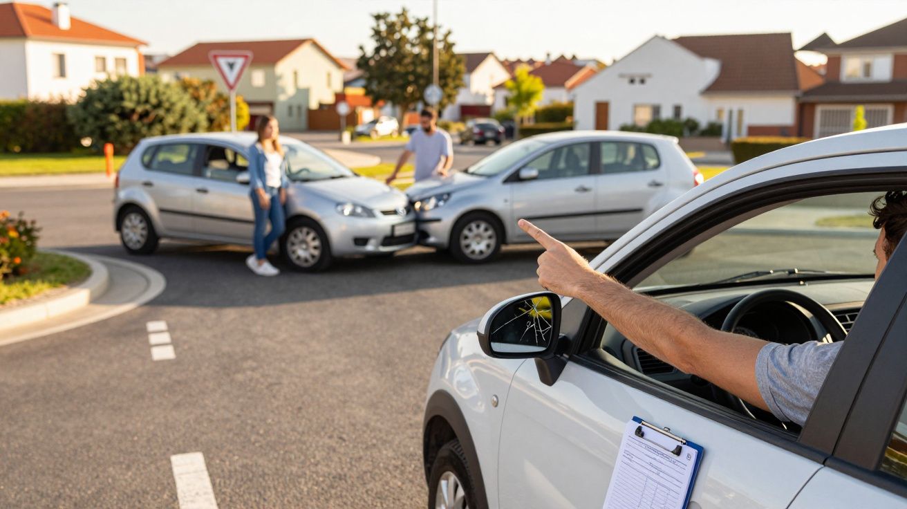 Dois carros colidem numa rotunda; instrutor de condução aponta para o acidente.
