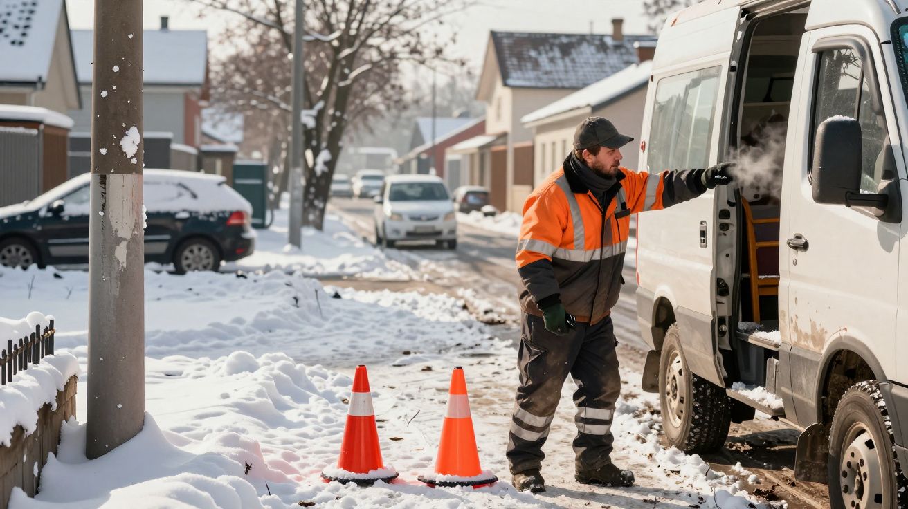 Homem com casaco laranja ao lado de carrinha branca estacionada numa rua nevada, com cones de trânsito na frente.