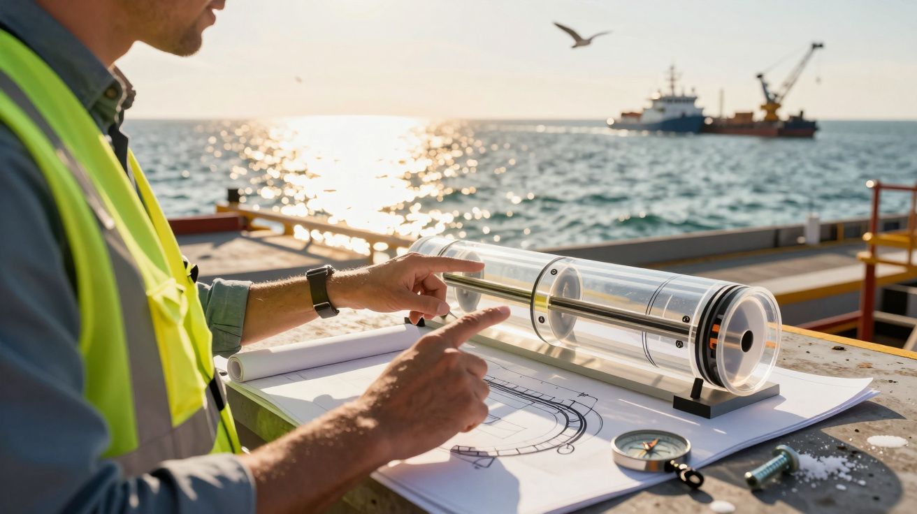Homem analisa projeto técnico em estaleiro, com barco e mar ao fundo ao pôr do sol.
