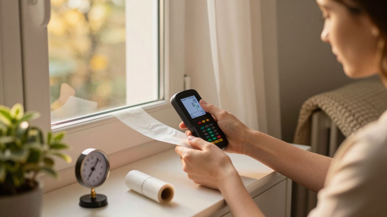 Mulher segurando máquina de pagamento e recibo, perto de janela com relógio e planta pequena.