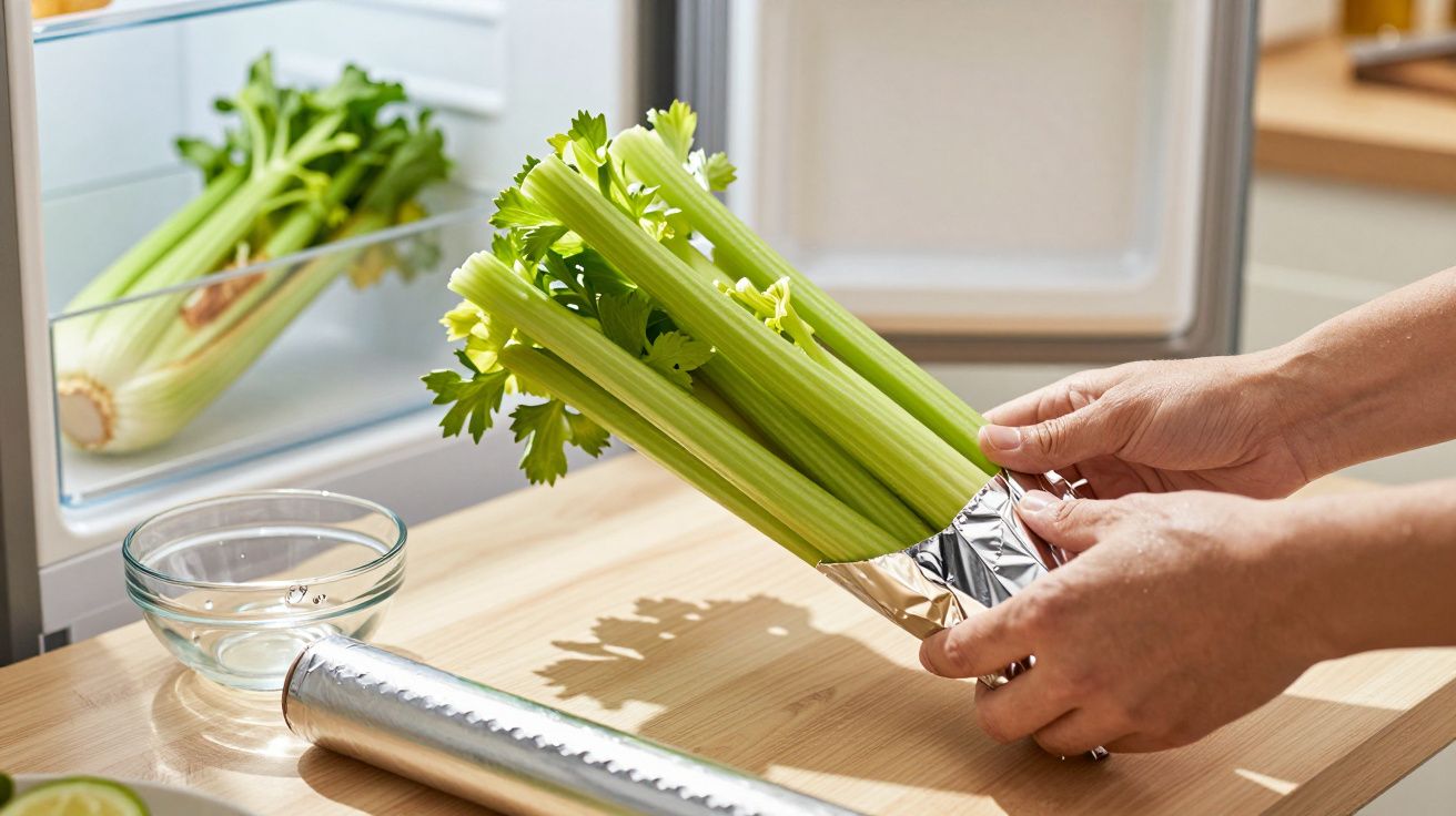 Pessoa a embrulhar talos de aipo em folha de alumínio, com um frigorífico ao fundo.