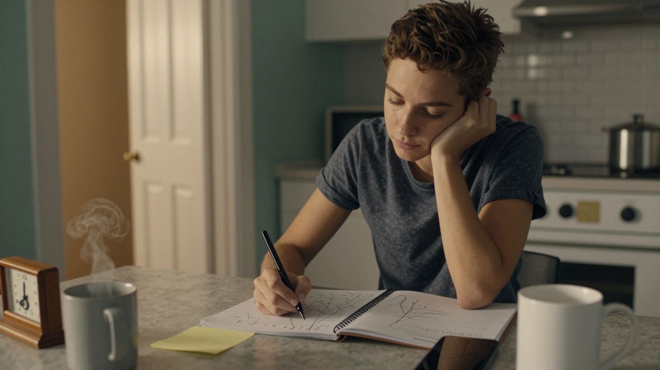 Pessoa concentrada a estudar à mesa da cozinha, com chávena e caderno abertos, numa cozinha iluminada.