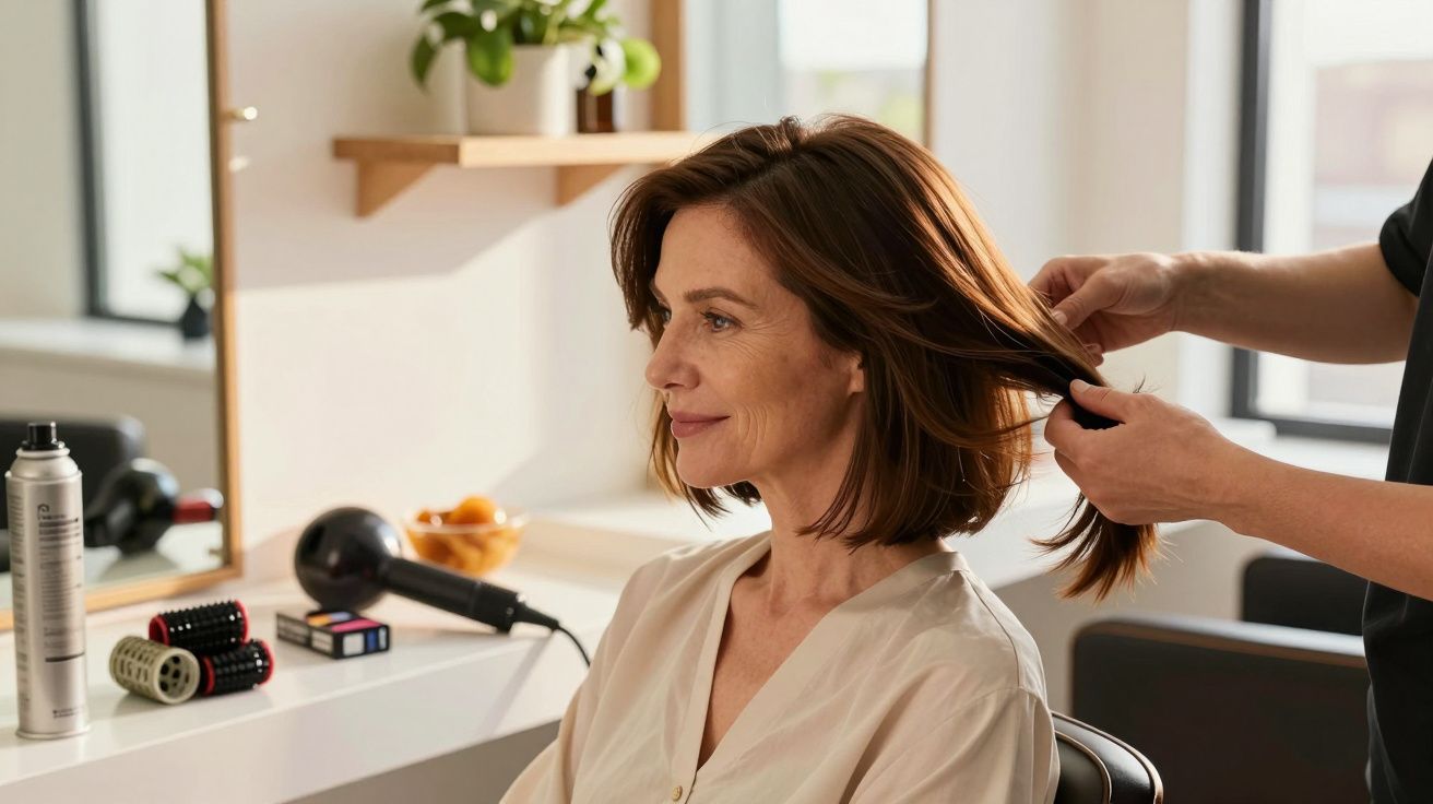 Mulher num salão de cabeleireiro, sorrindo, enquanto cabeleireiro ajusta o seu cabelo.