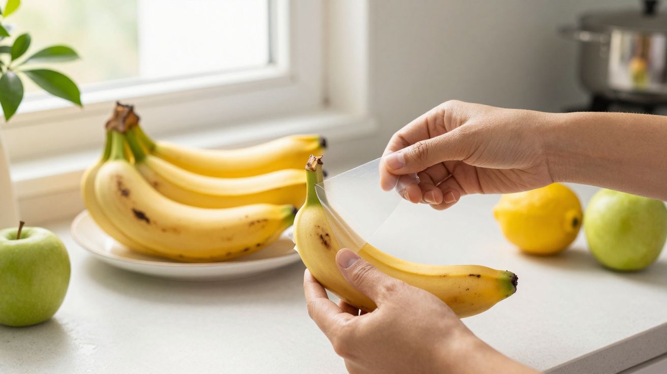 Pessoa a envolver banana com película aderente numa cozinha iluminada, com maçã e limão ao fundo.