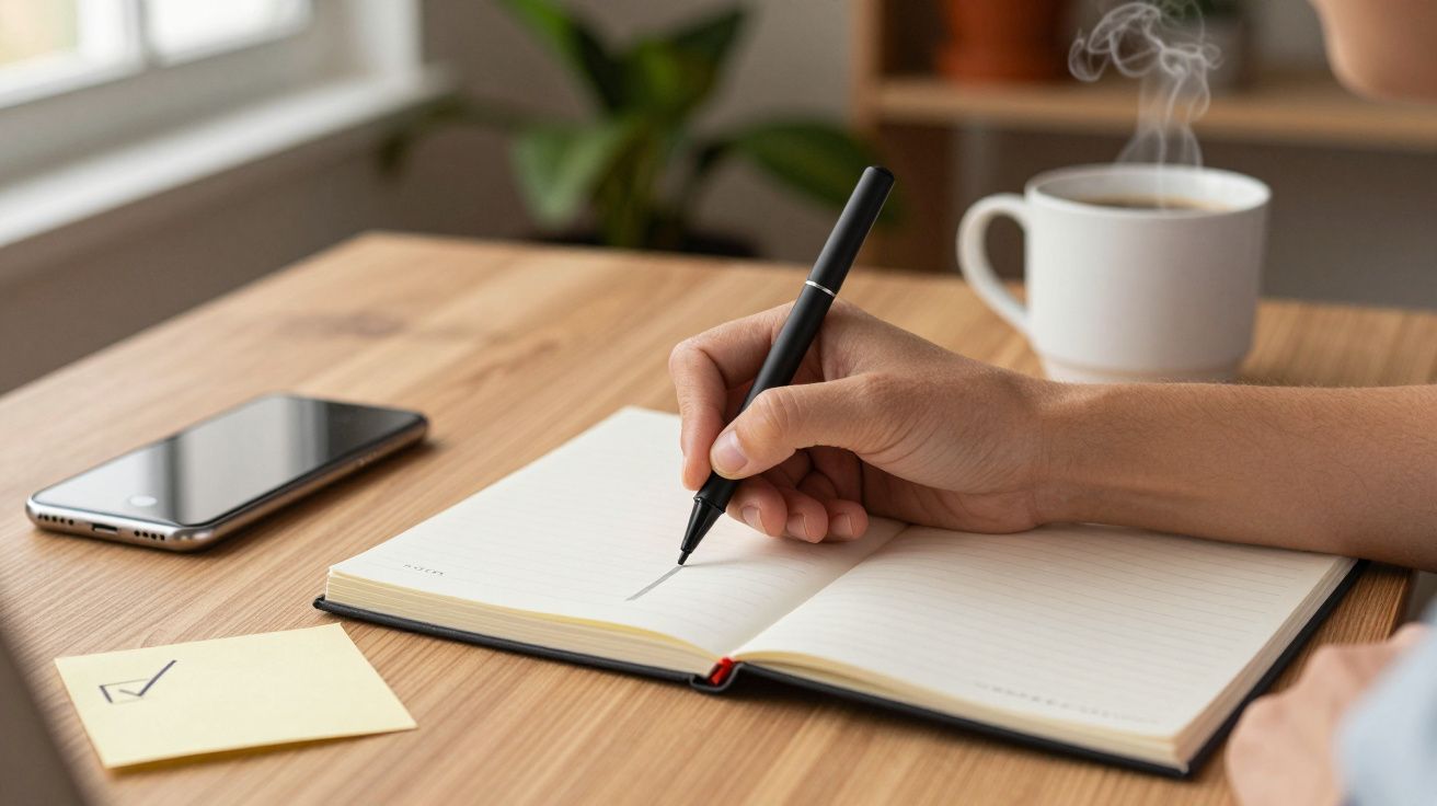 Mão escreve em caderno sobre mesa com telemóvel, caneca de café e papel com visto.