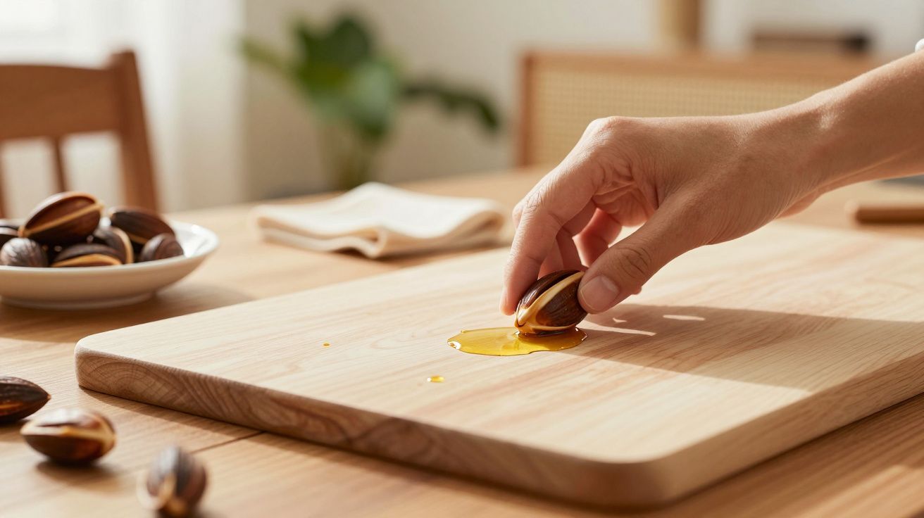 Mão a segurar noz, mergulhando-a em mel sobre tábua de madeira, numa cozinha iluminada.
