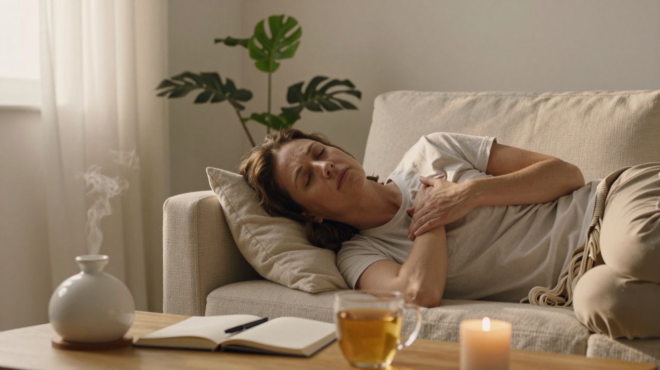 Mulher relaxa no sofá segurando o peito, com chá, vela acesa e caderno na mesa. Plantas ao fundo.