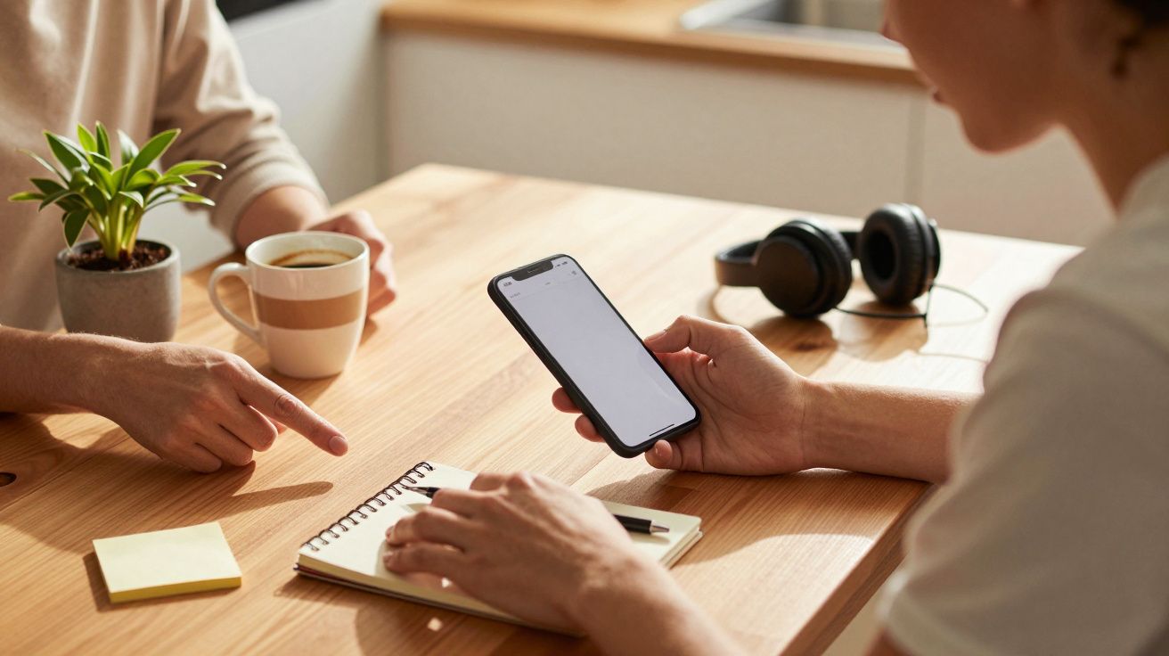 Duas pessoas numa mesa, uma segura um telemóvel, outra aponta para um bloco de notas. Uma planta, auscultadores e café ao lad