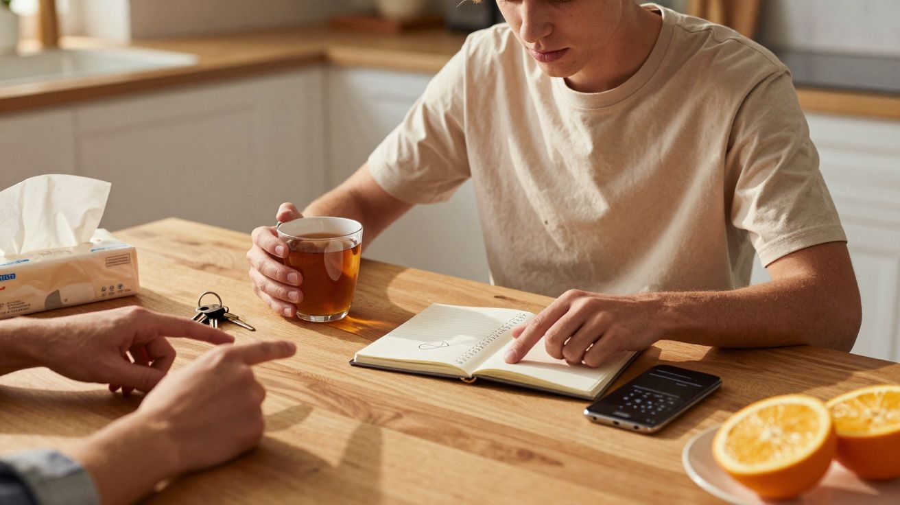 Pessoa num balcão de cozinha, a ler um livro com chá na mão. Há laranjas e um telemóvel sobre a mesa.
