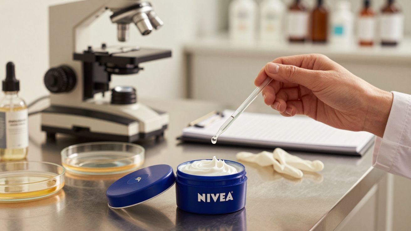 Mão segurando pipeta sobre creme Nivea num laboratório com microscópio ao fundo.
