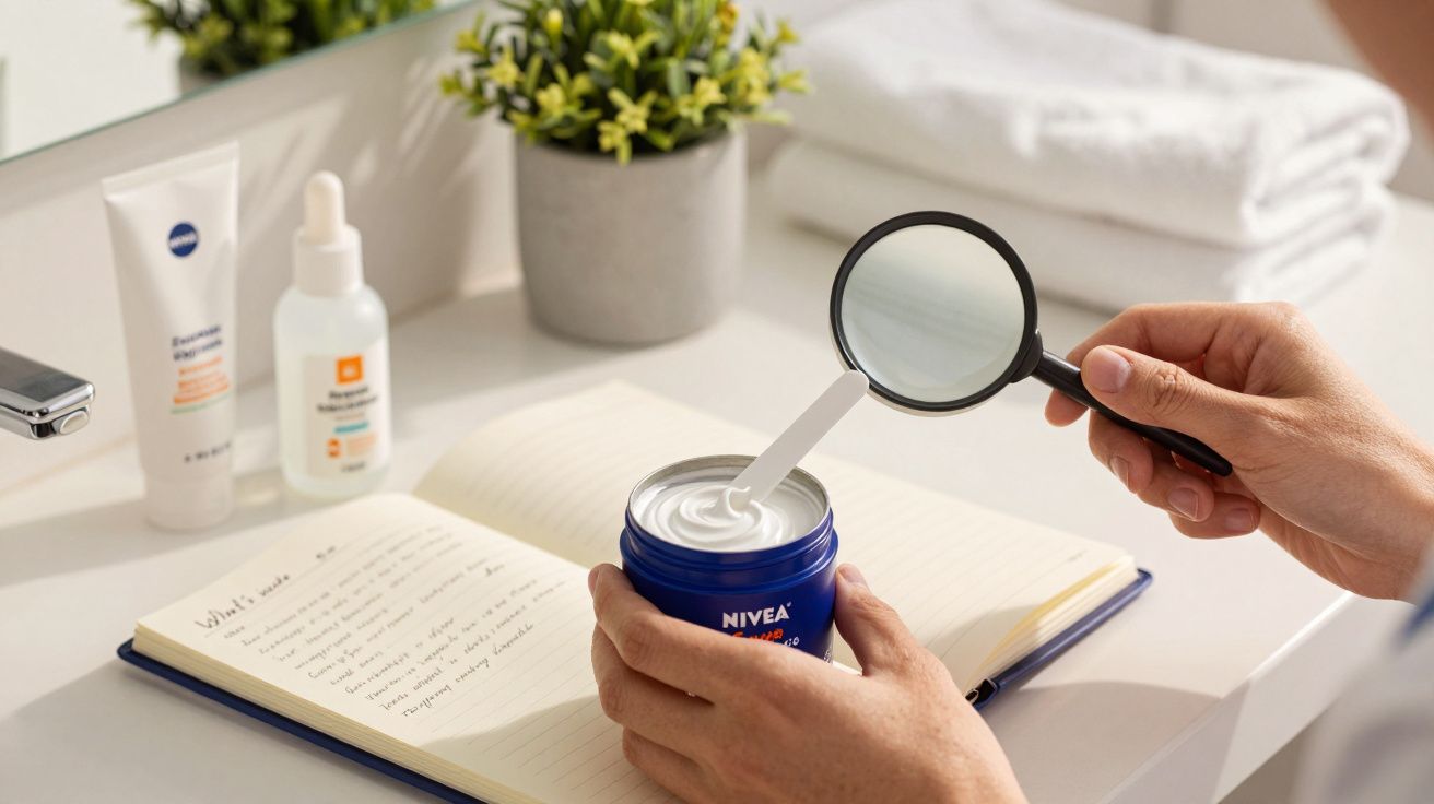 Mãos seguram lupa e creme Nivea sobre caderno em banheiro, com plantas e produtos ao fundo.