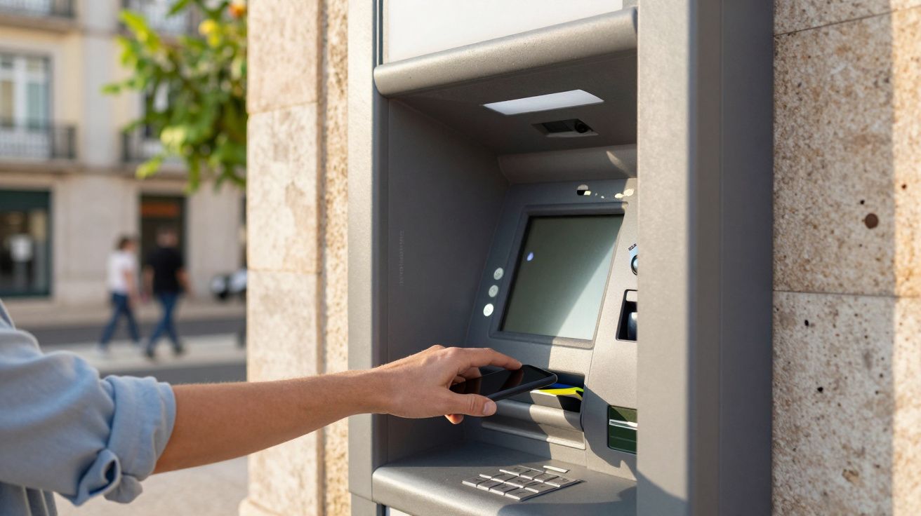 Pessoa a operar um multibanco ao ar livre, inserindo o cartão com a mão direita.