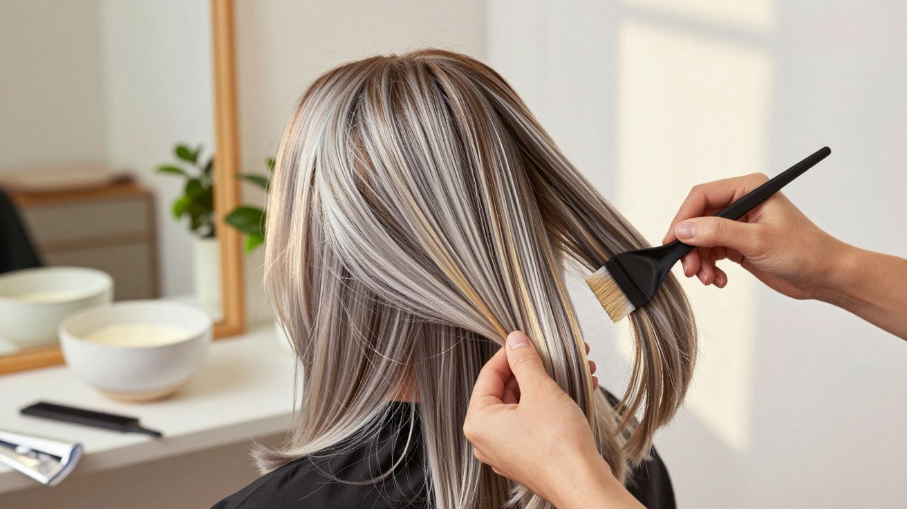 Pessoa a aplicar tinta loira em cabelo castanho acinzentado num salão de beleza.