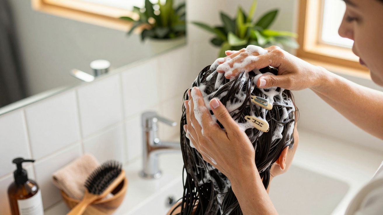 Pessoa lava cabelo comprido com champô, formando espuma, numa casa de banho moderna com plantas e acessórios ao fundo.