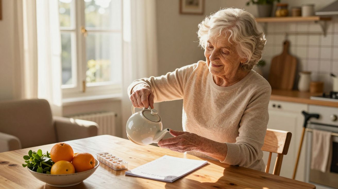 Idosa a servir chá numa cozinha iluminada, com uma tigela de frutas e comprimidos sobre a mesa.