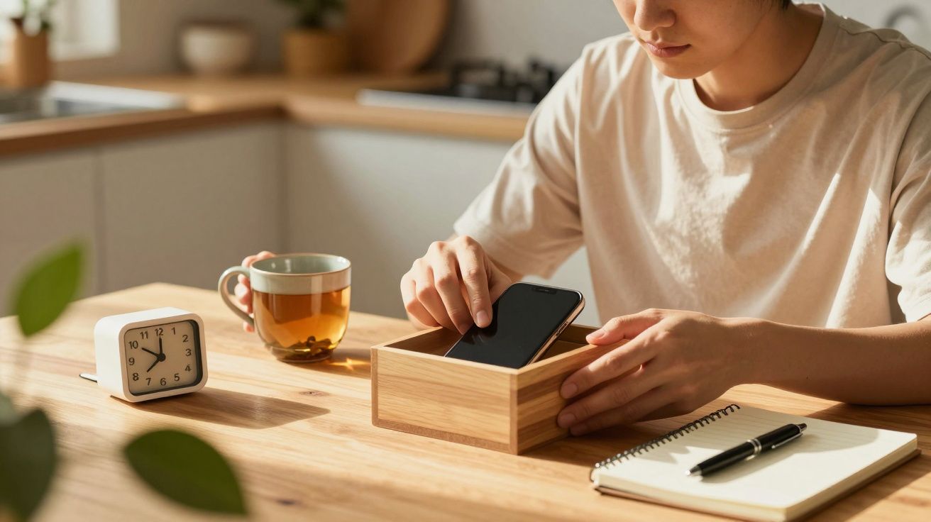 Pessoa a guardar um telemóvel numa caixa de madeira, com chávenas de chá e um relógio em cima da mesa de madeira.