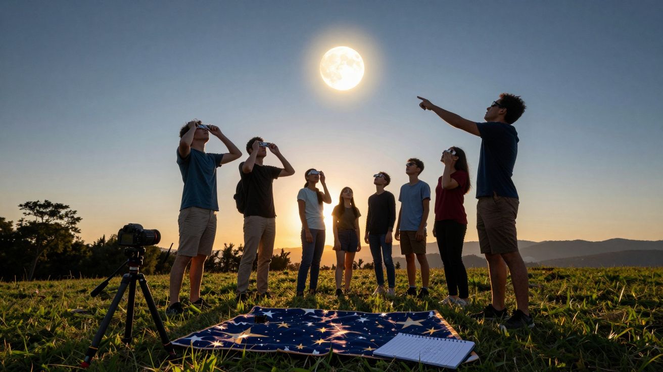 Grupo observa a lua cheia no céu ao entardecer, num campo com câmara e manta.