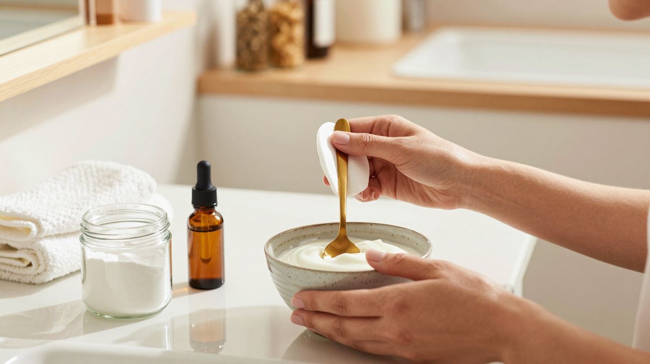 Mãos seguram uma tigela de creme facial com colher dourada, ao lado de toalhas, frasco de vidro e pote com pó branco.