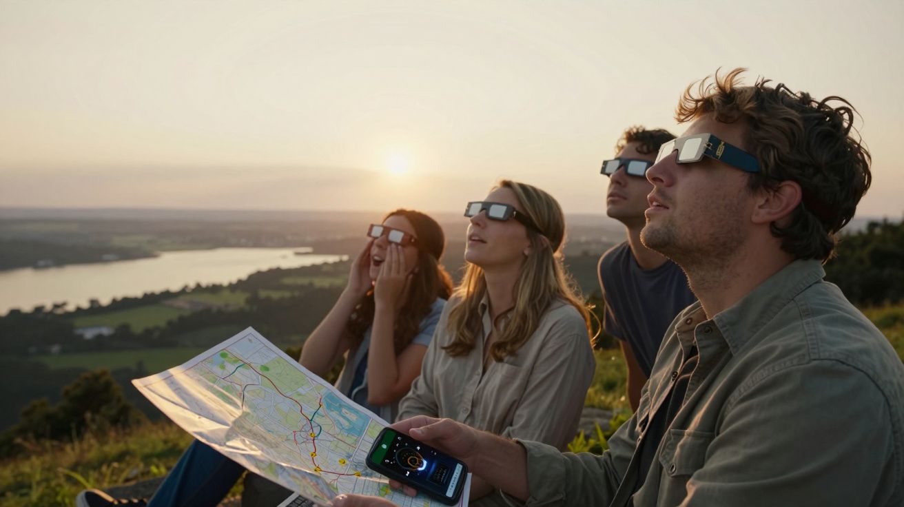 Quatro pessoas usam óculos de proteção para observar um eclipse solar ao pôr do sol, segurando um mapa e um telemóvel.