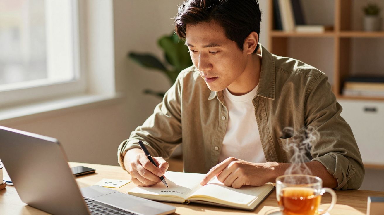 Homem sentado a escrever num caderno, com um portátil e uma chávena de chá quente à sua frente, numa sala iluminada.