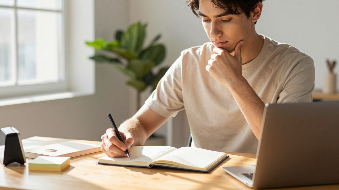 Jovem concentrado escreve em caderno, sentado à mesa com portátil e luz solar iluminando a sala.
