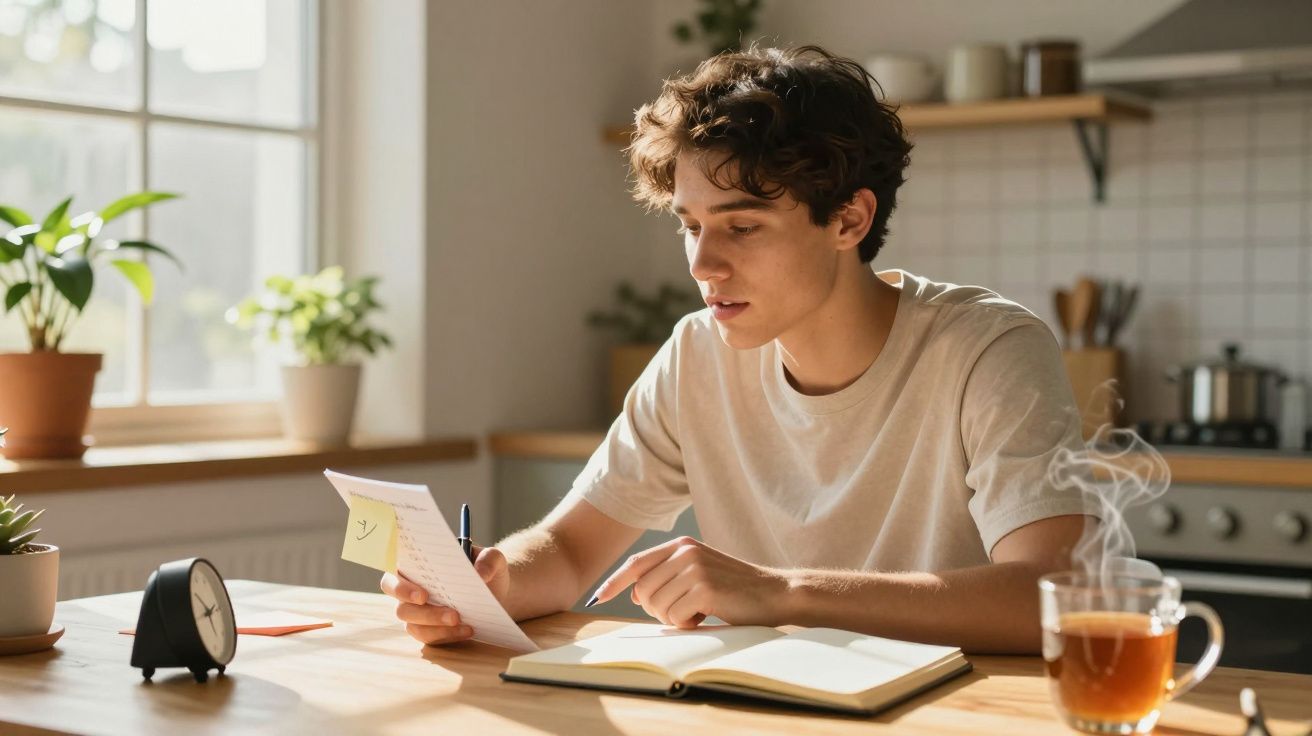 Jovem sentado numa cozinha a ler um papel com um caderno aberto e chá fumegante em cima da mesa.