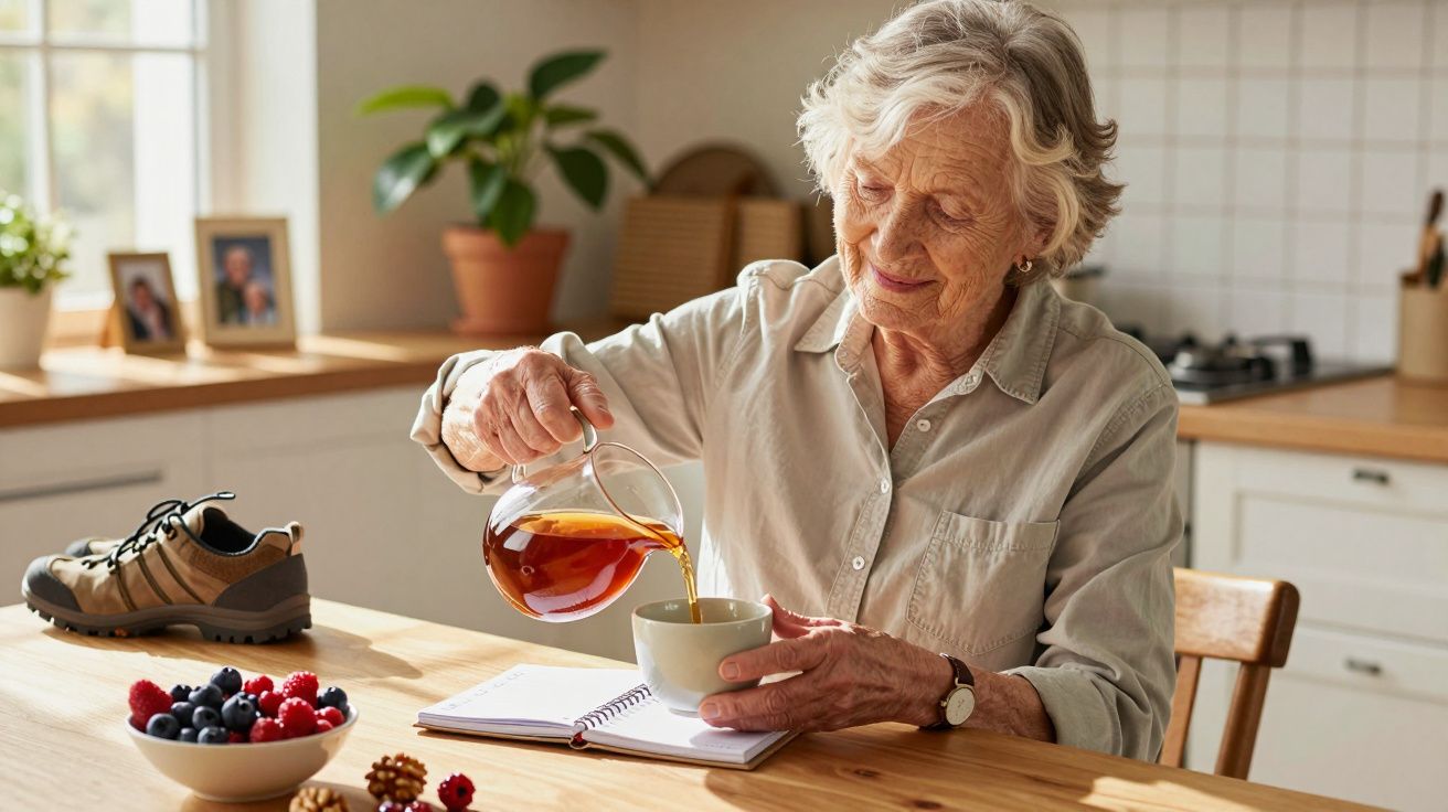 Idosa a servir chá numa caneca, sentada à mesa de cozinha.