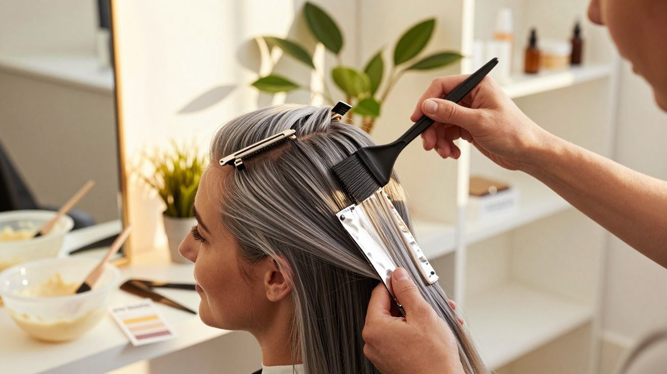 Pessoa a aplicar tinta no cabelo de uma mulher num salão de cabeleireiro, com utensílios e prateleira ao fundo.