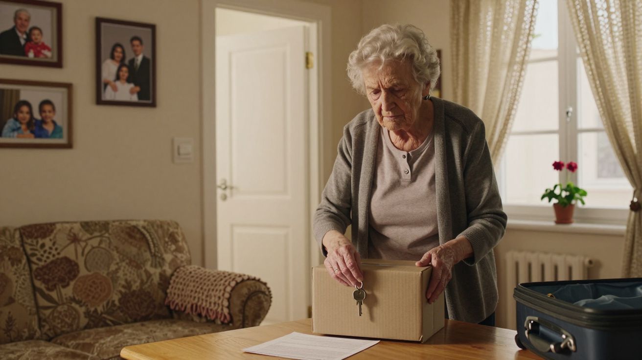 Idosa abre caixa em mesa, com fotos de família na parede e uma mala ao lado, em sala iluminada.