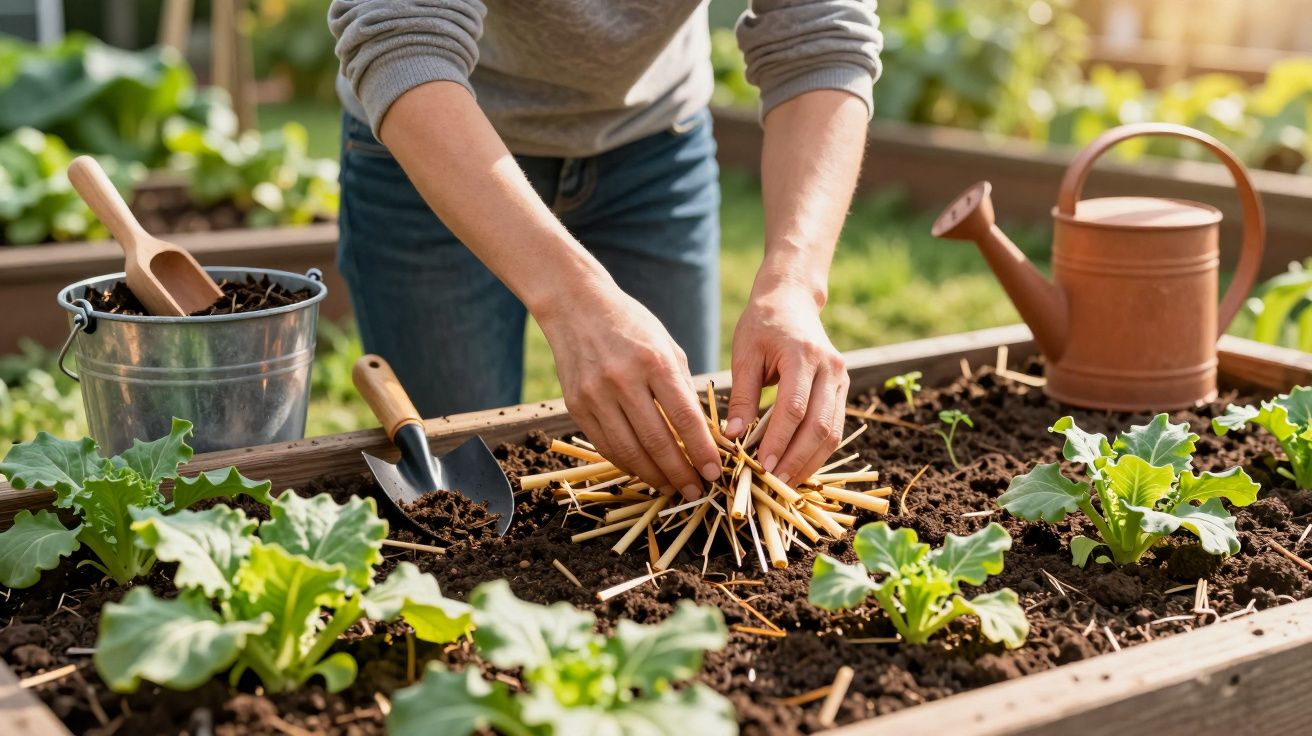 Pessoa a cultivar num canteiro elevado, colocando palha entre plantas verdes, com regador e utensílios de jardinagem ao lado.