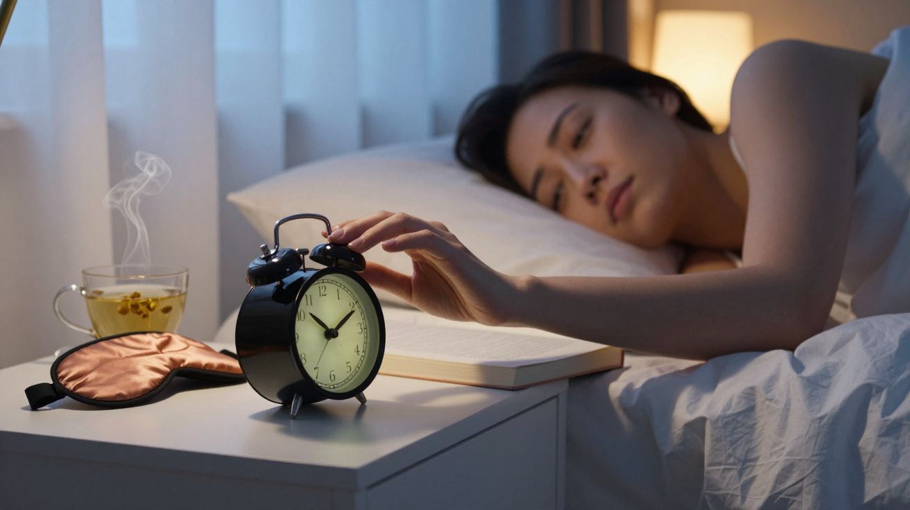 Mulher na cama desligando despertador ao lado de chá fumegante e máscara de dormir numa mesa de cabeceira.