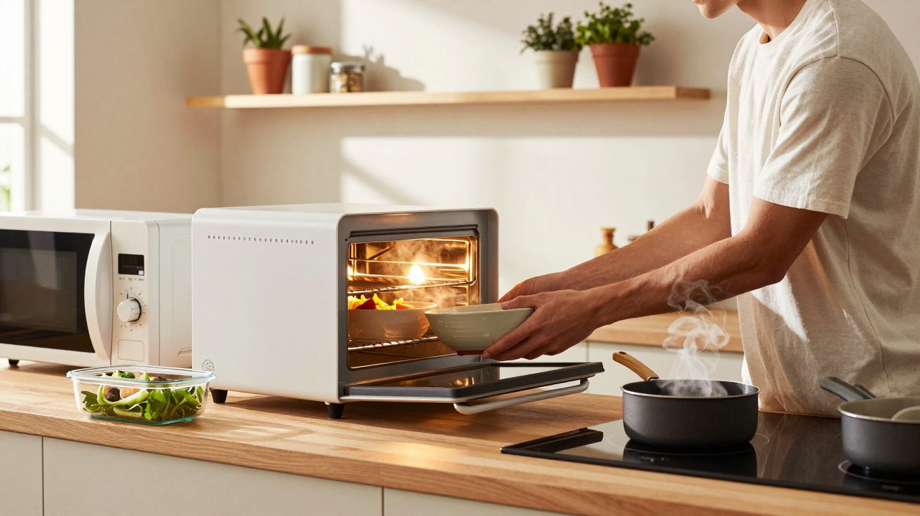 Pessoa coloca prato no forno numa cozinha moderna, com panelas e micro-ondas sobre o balcão.